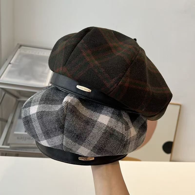 Berretto da donna scozzese britannico in lana invernale ottagonale primaverile e autunnale alla moda, versione coreana, versatile cappello da strillone_voghion.com