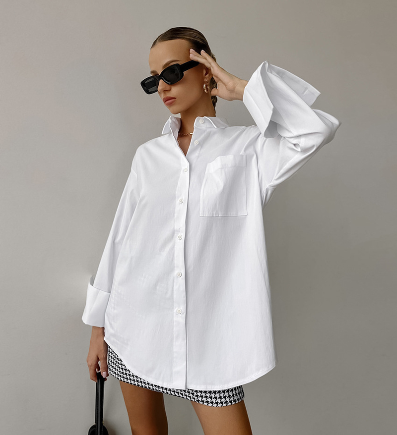 Einfaches, weißes Oversize-Hemd für Damen, lässig, modisch, Frühling und Sommer, lässig, vielseitig, mittellanger Stil für Damen_voghion.com