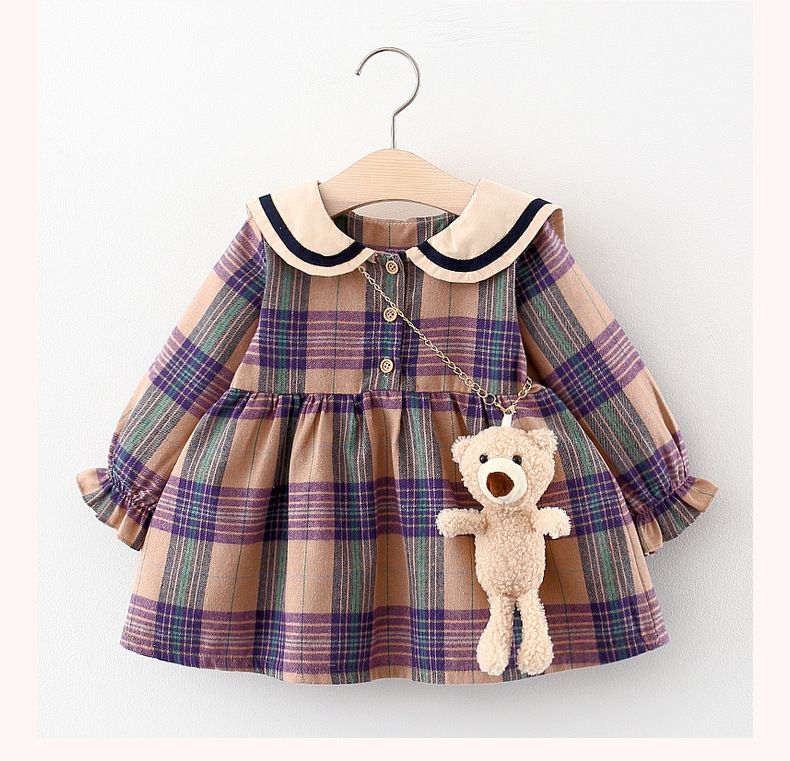 2810 gonna per bambini versione coreana alla moda grande colletto per bambola con bocca chiusa manica lunga plaid orso_voghion.com