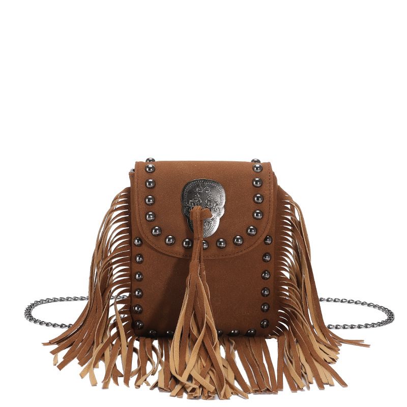 Borsa a tracolla singola con borchie e nappa, versatile, piccola, da donna_voghion.com