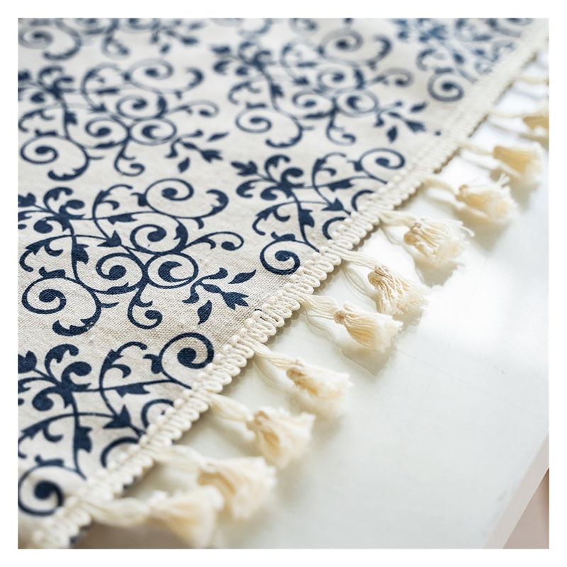 Retro bedruckte blaue Tischdecke, rechteckig mit Quasten, Tischdecken, Esstisch-Abdeckung für Hochzeit, Party, Restaurant, Tischdekoration_voghion.com