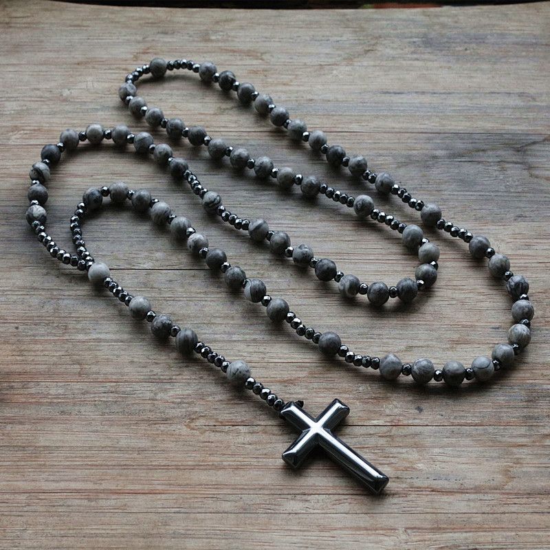 Vente chaude 6mm Lapis Lazuli Pierre Perle Hématite Pour Hommes Femmes Catholique Christ Chapelet Croix Pendentif Collier Dropshipping_voghion.com