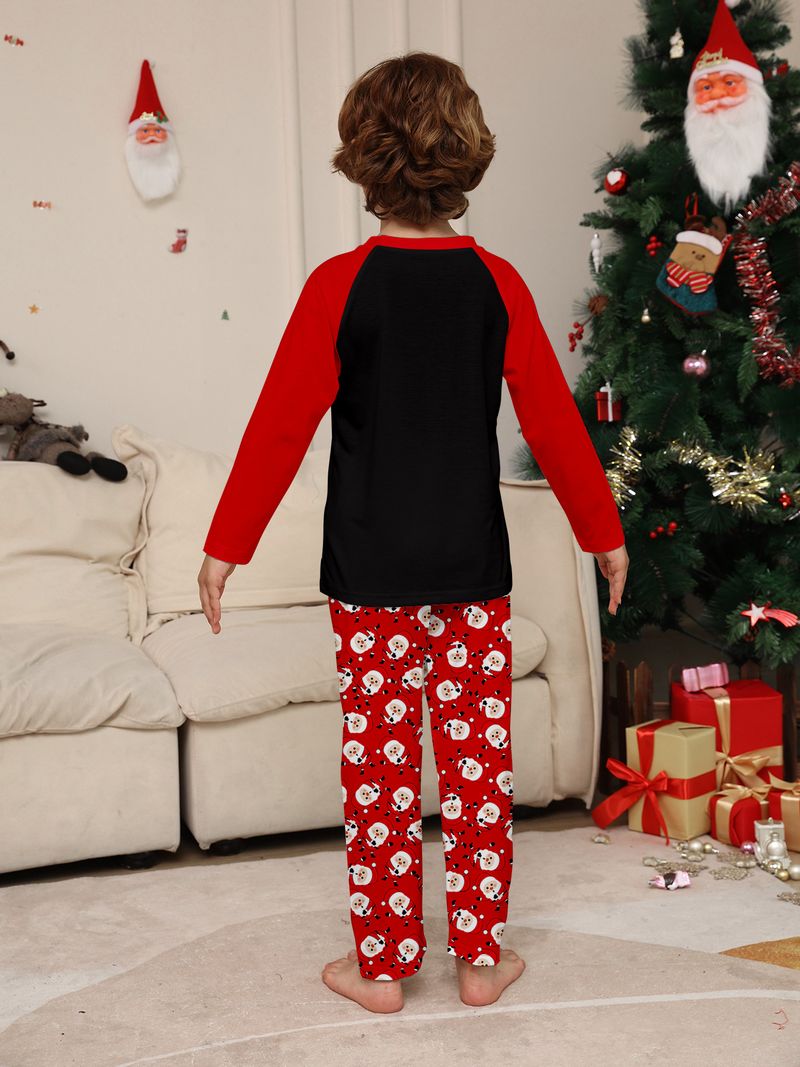 Parent Child Home Clothes Christmas Hat Letter Print Long Sleeve Santa Claus Cartoon Print Trousers Pajamas Set_voghion.com
