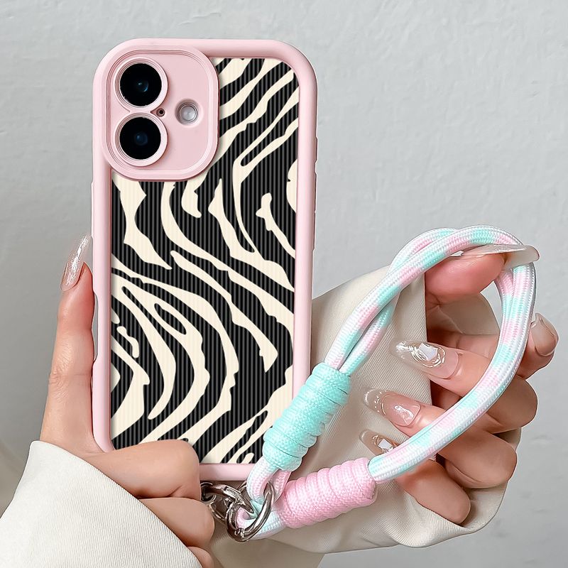 Étui de téléphone avec dragonne pour iPhone 16 Pro Max Plus, motif zébré, motif treillis, TPU souple, chaîne de poignet, dragonne, coque antichoc_voghion.com