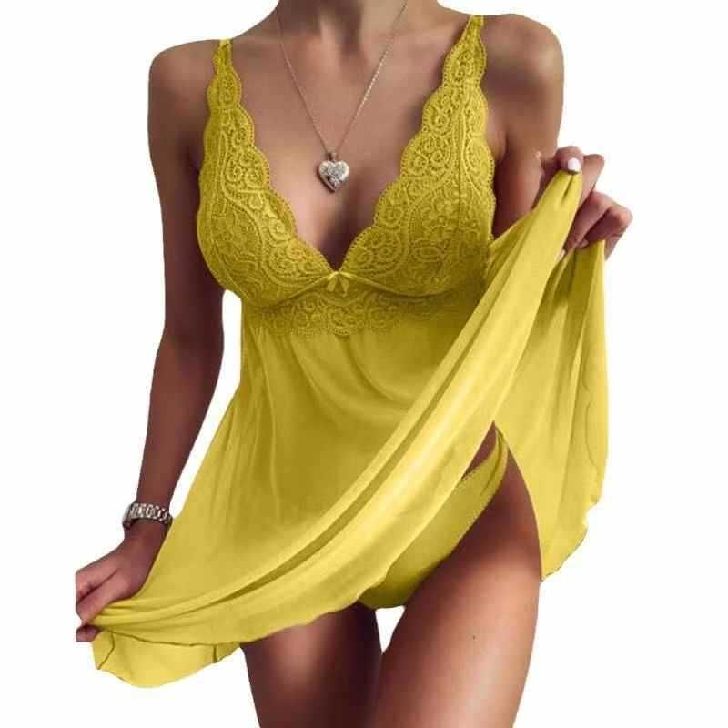 Camicia da notte in pizzo trasparente da donna – Completo intimo babydoll senza maniche elegante e sexy in 6 colori (nero/rosso/viola/rosa/bianco/giallo)_voghion.com