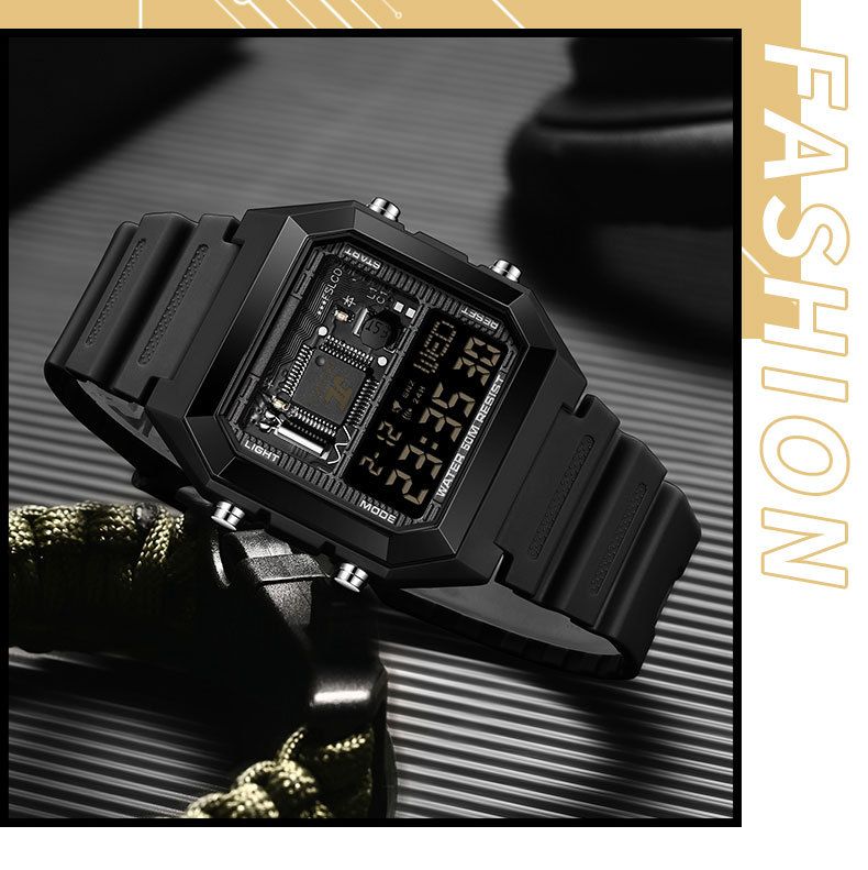 Digitaal wekkerhorloge met multifunctionele timer, stopwatch, LED-achtergrondverlichting, waterdicht tot 50 m, unisex vierkant sporthorloge voor studenten en professionals_voghion.com
