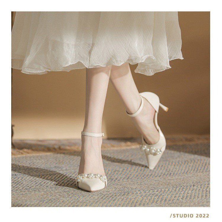 One-word High Heels For Women's Thick Heels, New Pointed Hollow Small Size Single Shoes For Women_voghion.com