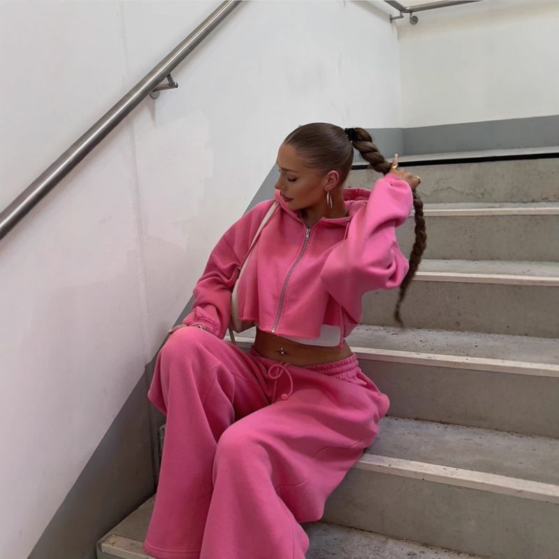 Long Sleeve Short Sweatshirt Drawstring Sweatpants Women's Hoodie Set_voghion.com