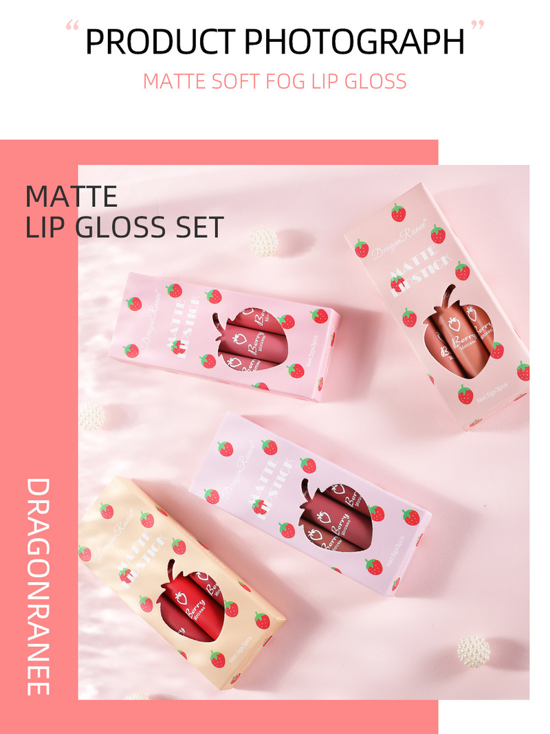 3-teiliges Set mit Erdbeermotiv – samtig-mattes Lipgloss- und Lippenstift-Set für Damen, nicht klebend, langanhaltend und eine bezaubernde Make-up-Kollektion_voghion.com