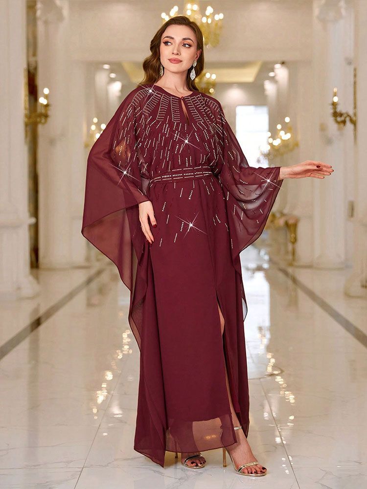 Elegante abito da sera in chiffon con strass da donna – Abito da festa a trapezio con maniche lunghe (bordeaux, S/M/L) Abito vintage con cintura a vita alta_voghion.com
