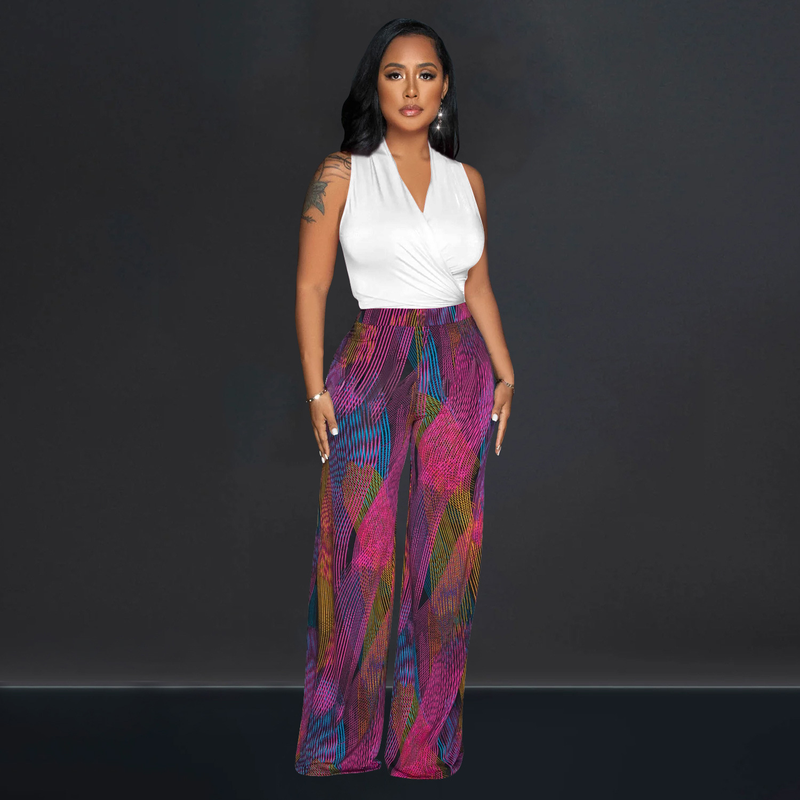 Set di due pezzi di pantaloni senza maniche con scollo a V stampati a colori da donna_voghion.com