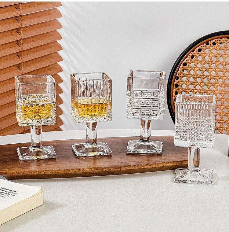 Exquisite European Style Embossed Flower Goblet Square Small Wine Household Liquor Shot Spirits Glass Cup_voghion.com