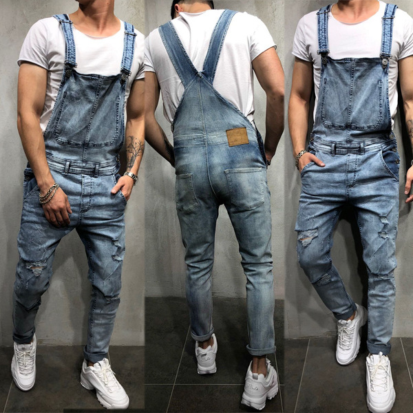 Roupas masculinas Macacão jeans estiloso frente única rasgado jeans e calças macacão pop pop_voghion.com