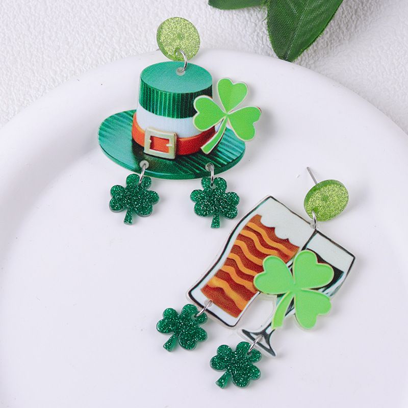 Boucles d'oreilles à tige en acrylique style AB vert pour la Saint-Patrick, bijoux en forme de trèfle_voghion.com