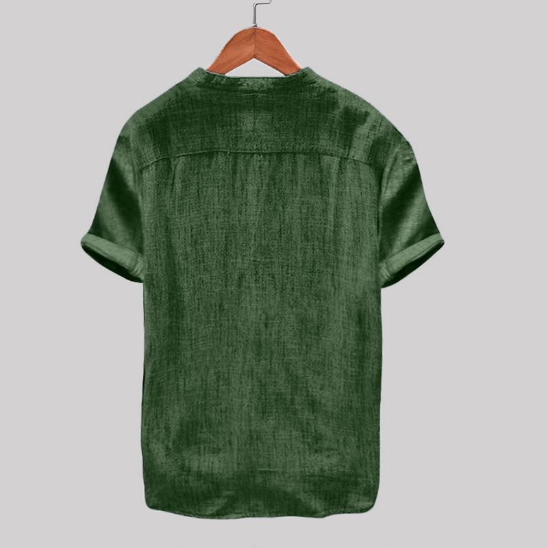 Nuova camicia casual da uomo in cotone e lino a maniche corte, tinta unita, C195_voghion.com
