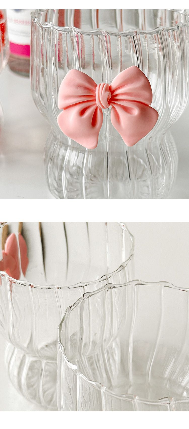 Pink Bow High Borosilicate Glass Coffee Mug - Heat Resistant, Cute Ribbon Handle, Vertical Striped Design For Tea & Espresso_voghion.com