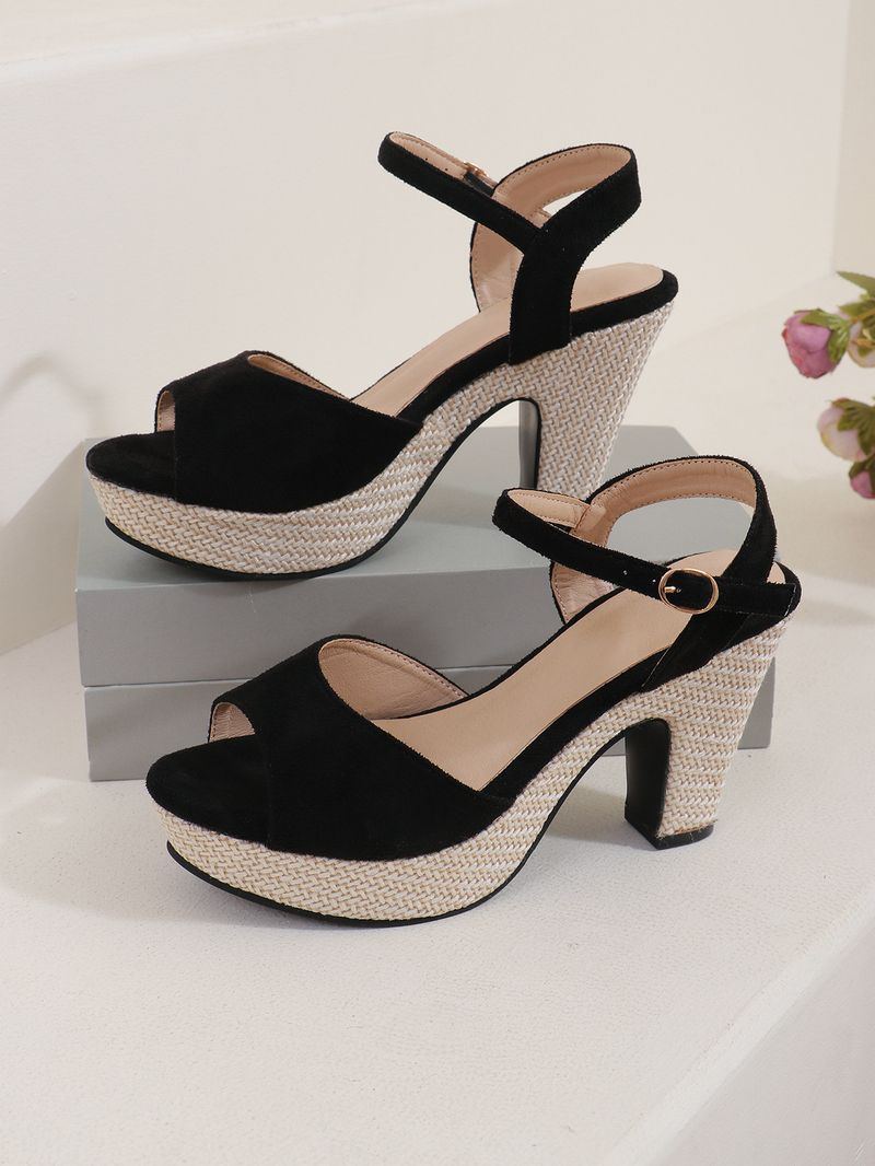 Einreihige Riemchensandalen mit Riemchen und hohen Absätzen, geflochtene Strohsandalen, jede Mode, Fischmaul, dicke Sohle_voghion.com