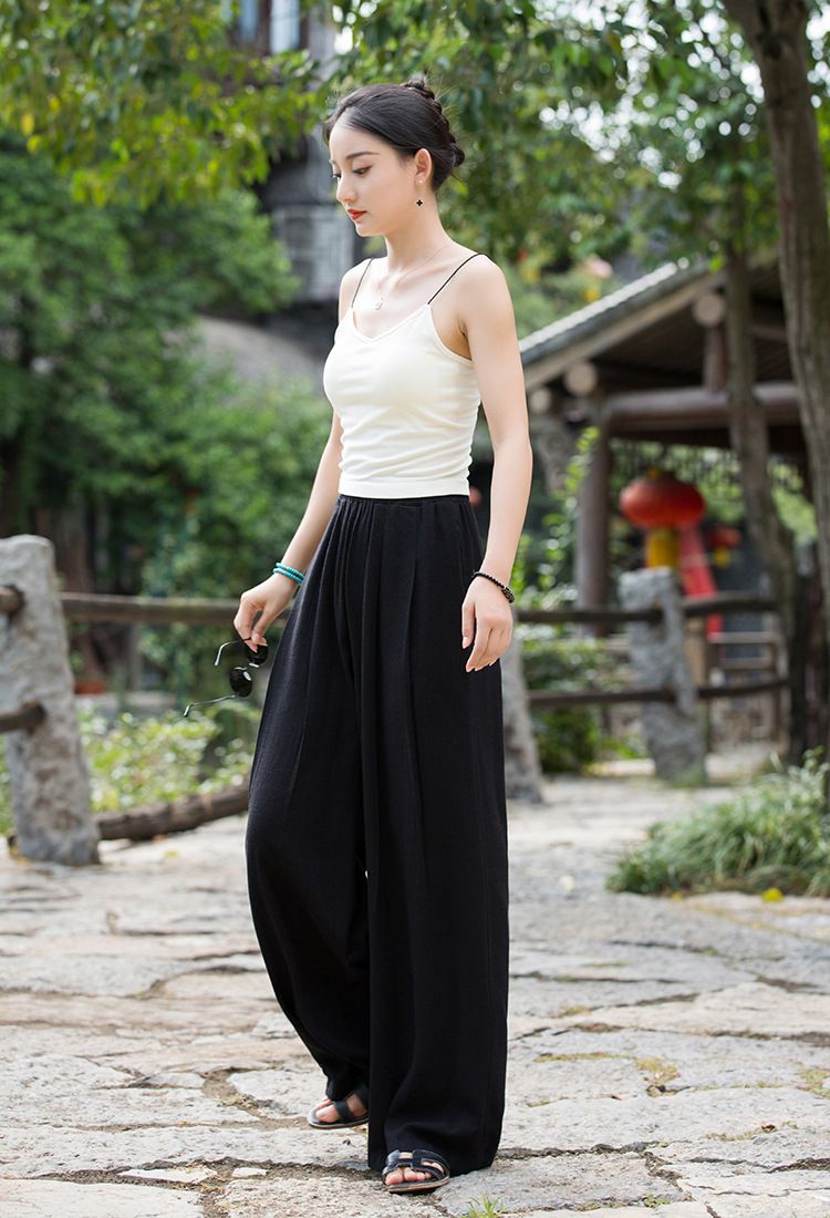 Women's Clothing Textured Linen Versatile Version Lengthen Legs Elegant and Chic Women's Skirt Pants Wide-leg Pants_voghion.com
