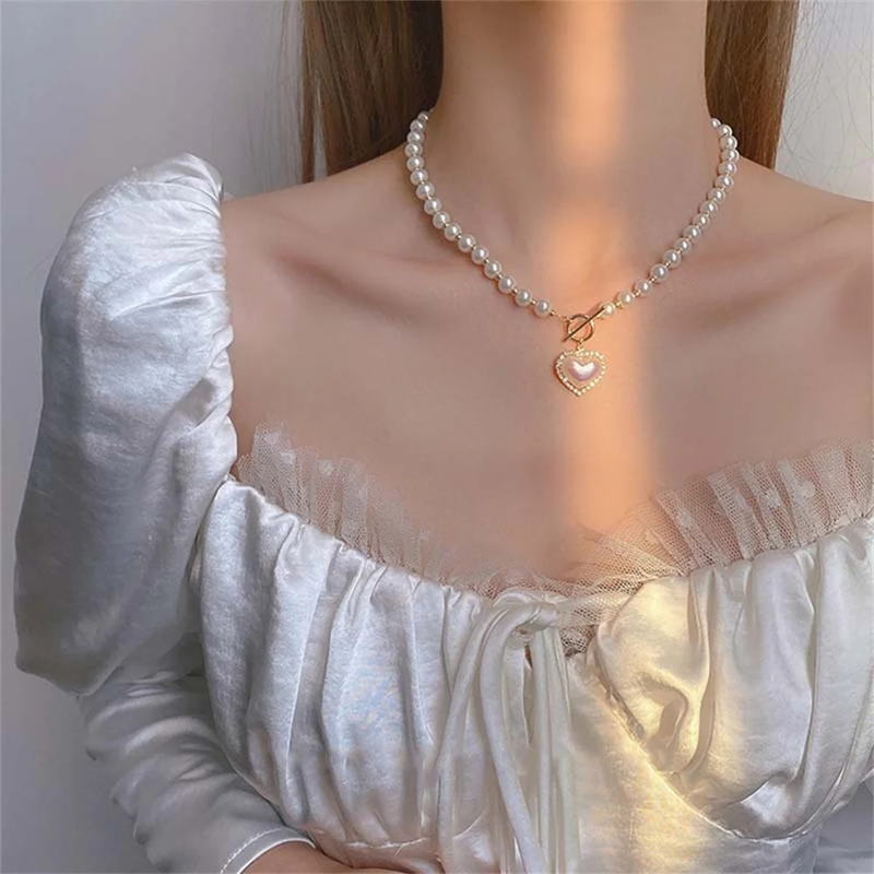 2025 Novi prihodi Retro biseri ključnica verižica Choker modna zlata barva ljubezen srce obesek ogrlica za ženske preprosta zabava_voghion.com