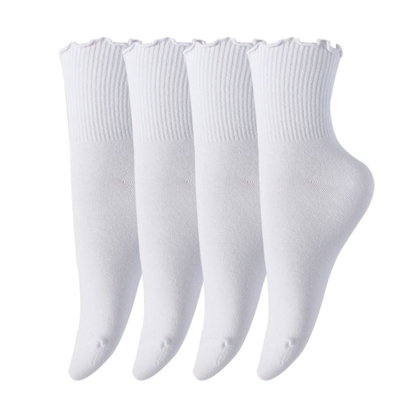 Calzini da donna Calzini alla caviglia plissettati da donna Calzini autunnali invernali in cotone con pizzo alle orecchie in legno Calzini a tubo medio da donna in tinta unita_voghion.com