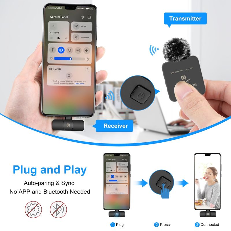 PULUZ belaidis prisegamas mikrofonas iPhone, iPad telefonams, su 8 kontaktų / C tipo imtuvu ir dviem mikrofonais_voghion.com