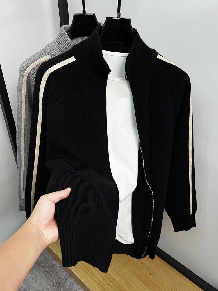 Cardigan in maglia con cerniera e collo alto da uomo – Maglione casual (M-4XL, nero/grigio)_voghion.com
