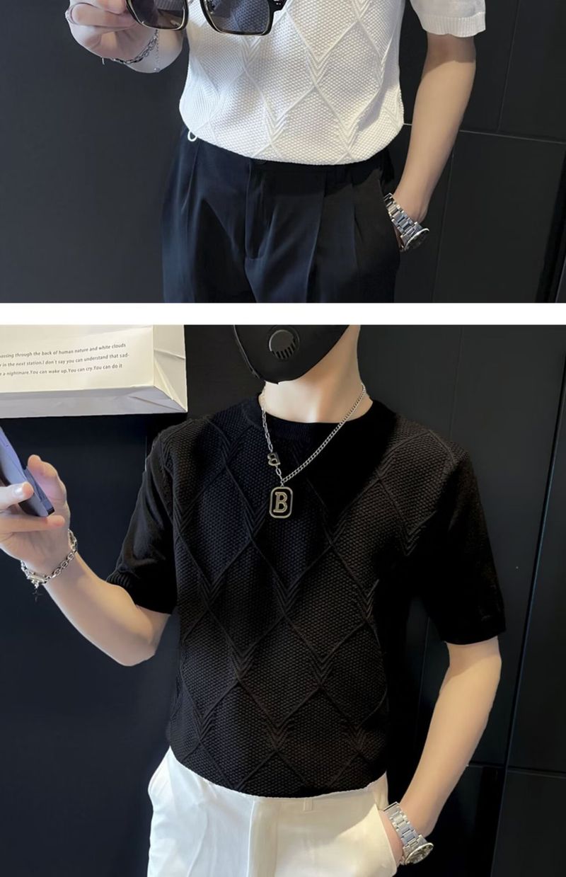 Camiseta de manga curta de seda gelada para o verão, suéter de malha fino da marca da moda, corte slim, elástico e respirável_voghion.com