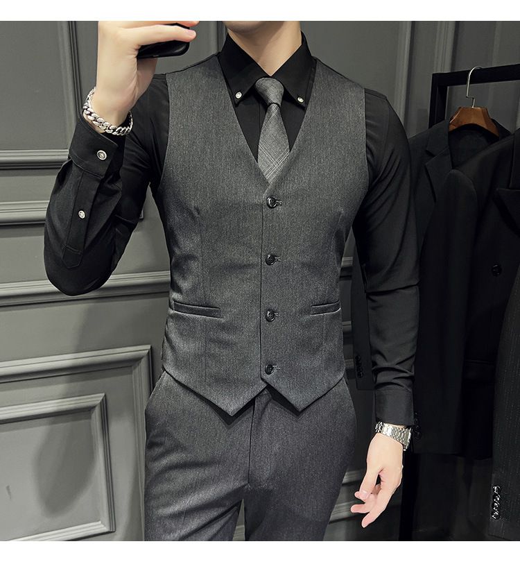 Heren zakelijke textuur gun collar, dubbelrijs slim fit pak driedelig, heren_voghion.com