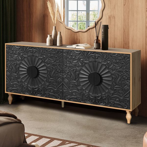 Black Carved Symmetrical Design Door And Wood Coloured Frame For TV Stand Table,Living Room ,Entryway_voghion.com