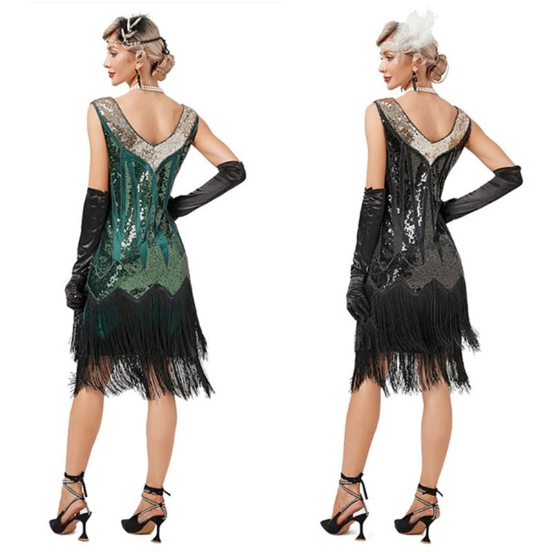 Rochie cu paiete, decolteu, ciucure, costum Gatsby, anii 1920SV, pentru dans latino, bal_voghion.com