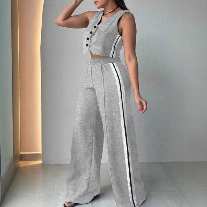 Ensemble deux pièces long et décontracté pour femme, couleur unie, sans manches, avec poches_voghion.com