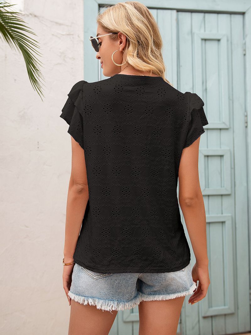 Women's clothing crochet flower hollow lace-up round neck ruffle sleeve shirt top for women_voghion.com