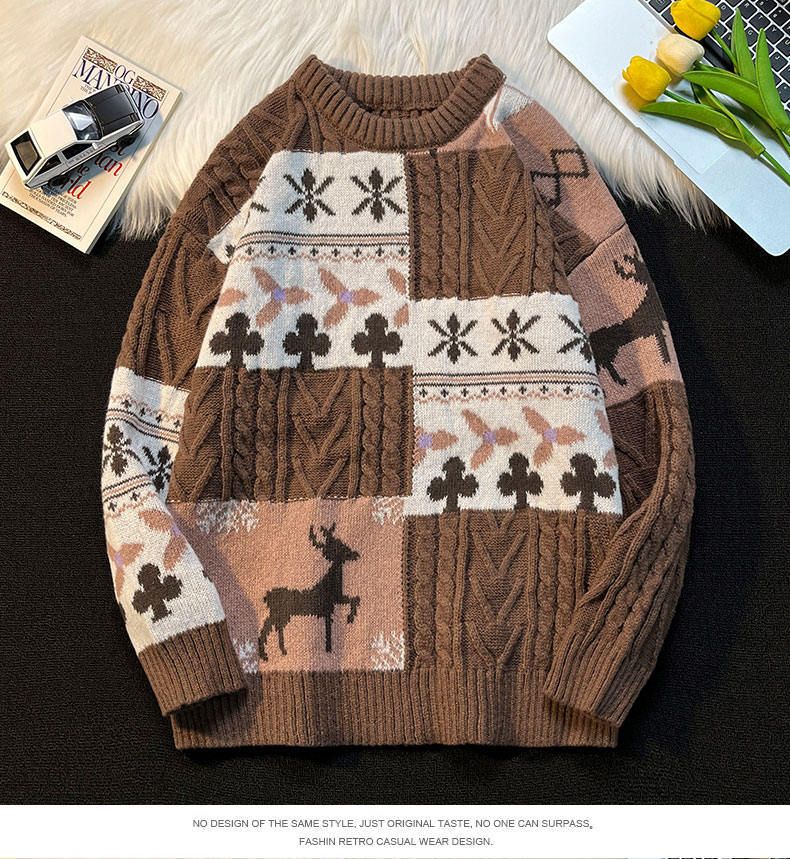 Lässiger Herrenpullover im Retro-Zopfmuster mit Farbblock und Rundhalsausschnitt, dick, warm, für den Winter, Oversize-Stil_voghion.com