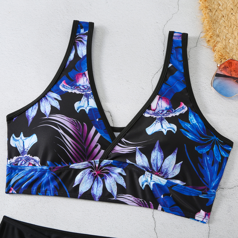 Damenbekleidung Neuer tropischer Druck Damen Split Badeanzug Bikini V-Ausschnitt Boxershorts Badeanzug Set_voghion.com