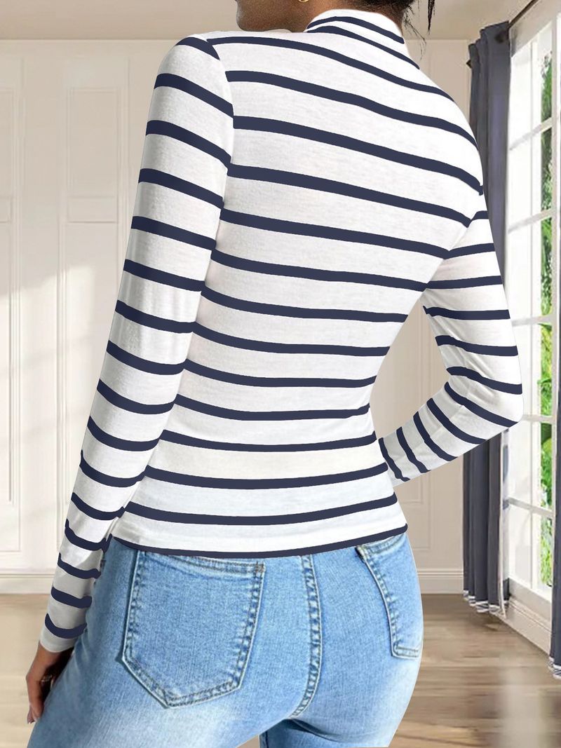 Maglietta a maniche corte in cotone a righe estive 2025 con collo alto, temperamento da pendolare, con cappuccio, da donna, lavorata a maglia_voghion.com