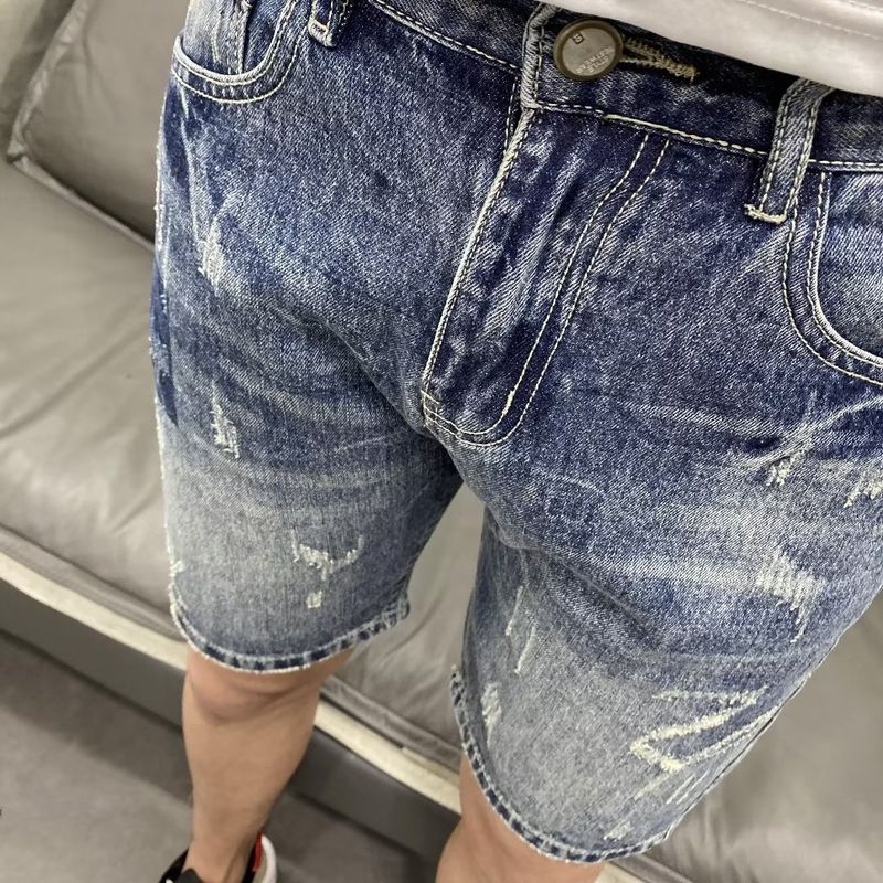 Vintage Light Blue Labeled Men's Denim Shorts - Slim Fit Stretch Summer Casual Shorts With Distressed Wash_voghion.com