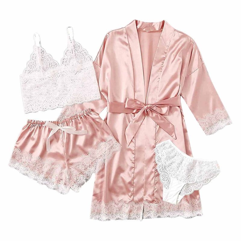 Women's Silk-Like Sleepwear Set – 4-Piece Loungewear Robe & Camisole (S-XXL) – Elegant Home & Outdoor Wear_voghion.com
