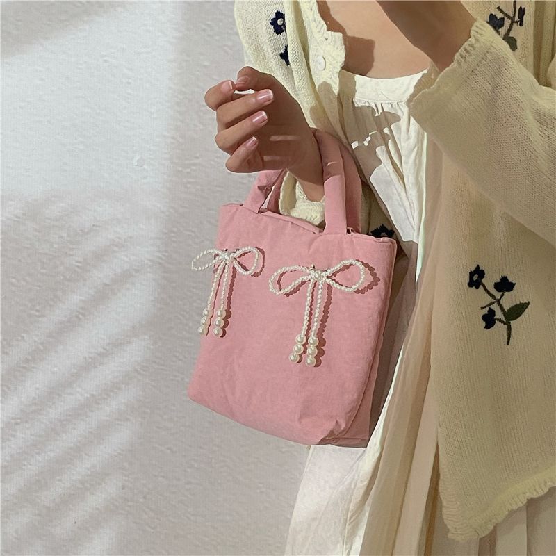 Nischendesign Feeling Bow Damen Perle 2024 Neue handliche, mit Baumwolle gefüllte kleine Umhängetasche mit einer Schulter_voghion.com