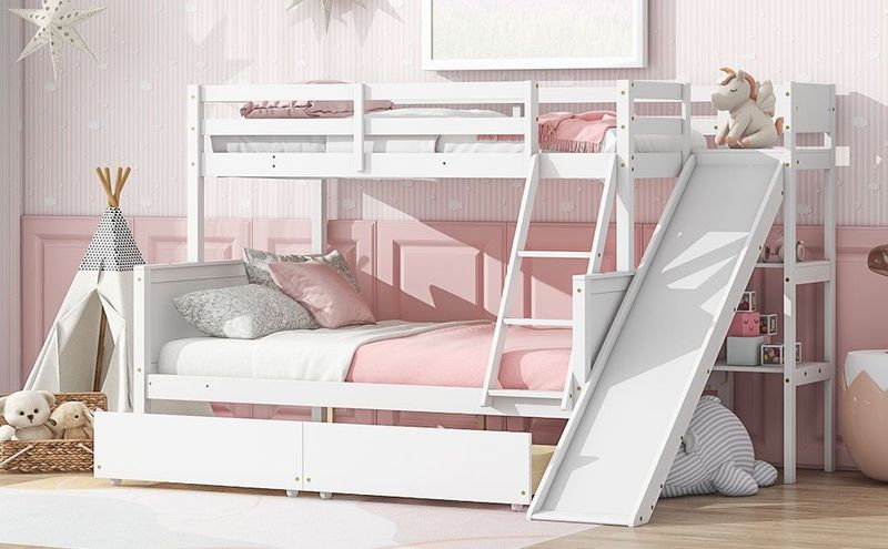 Twin Over Full Bunk Bed With 2 Drawers,Slide,Shelves,Ladder,Rubber Wood Bunk Bed With Slide,Drawers,Grey_voghion.com