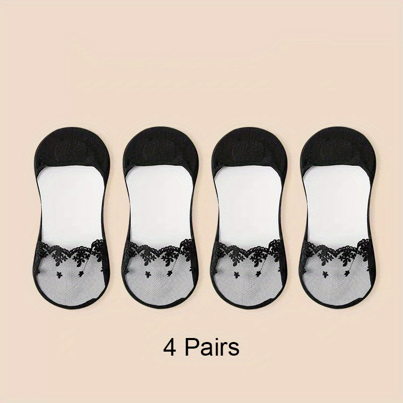 4 Pairs Summer Women Invisible Socks Cotton Shallow Mouth Socks Lace Boat Socks ,Women's Stockings & Hosiery_voghion.com
