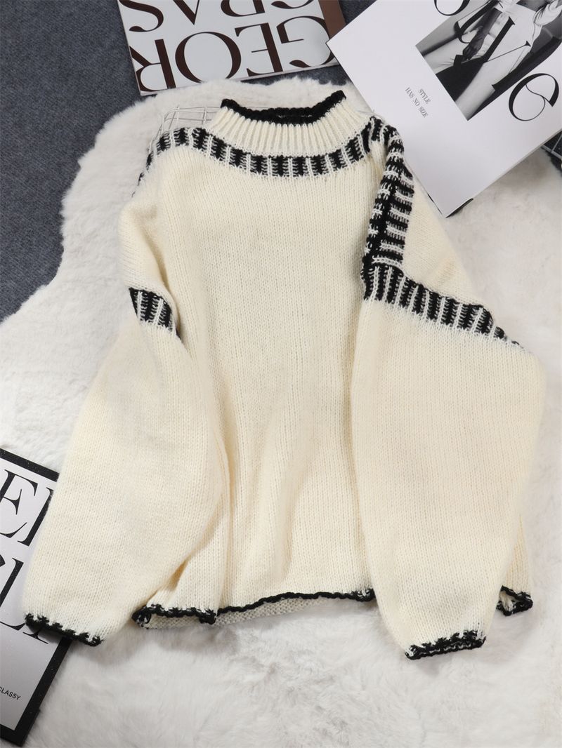 Maglione casual a collo alto con ricamo a mano, nuovo modello da pendolare, autunno e inverno, in contrasto di colore, per donna_voghion.com