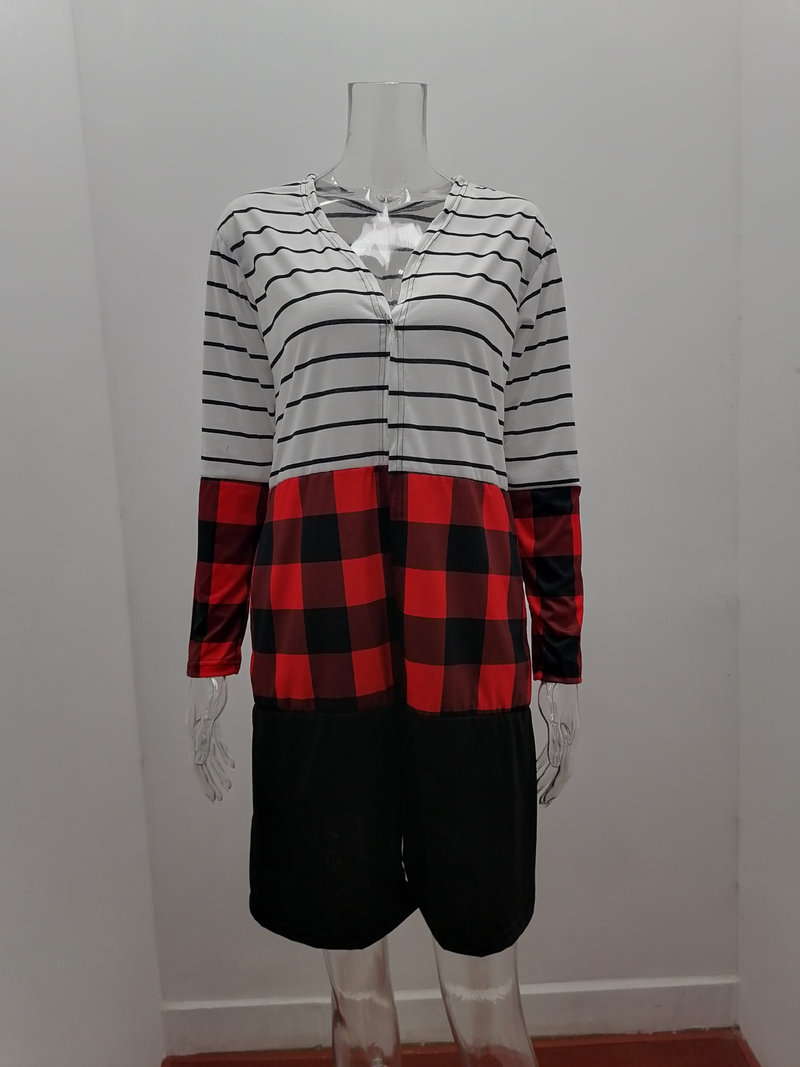 Women's Clothing Knitted Sweater Autumn and Winter New Stripes Contrast Color Splicing Plaid Casual Jacket_voghion.com