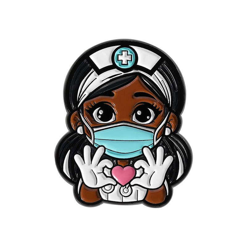 Broche infirmière noire unique et mignonne, style dessin animé créatif, série médicale, accessoires pour médecins, badge_voghion.com