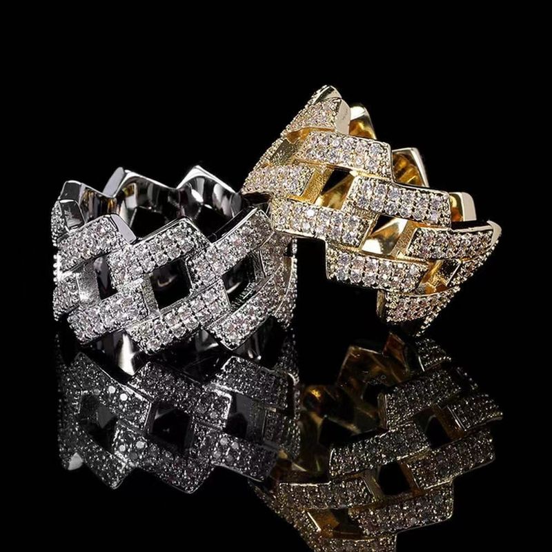 Hip Hop Copper Inlaid Zircon Cuban Chain Men's Niche Design Heavy Craft Geometric Cool Ring_voghion.com