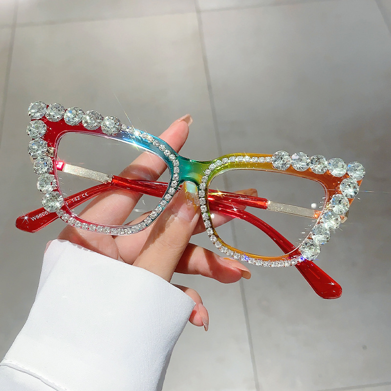 Nuovo stile personalità arcobaleno occhio di gatto diamanti tempestati trendy ins montatura piatta moda occhiali anti-luce blu_voghion.com
