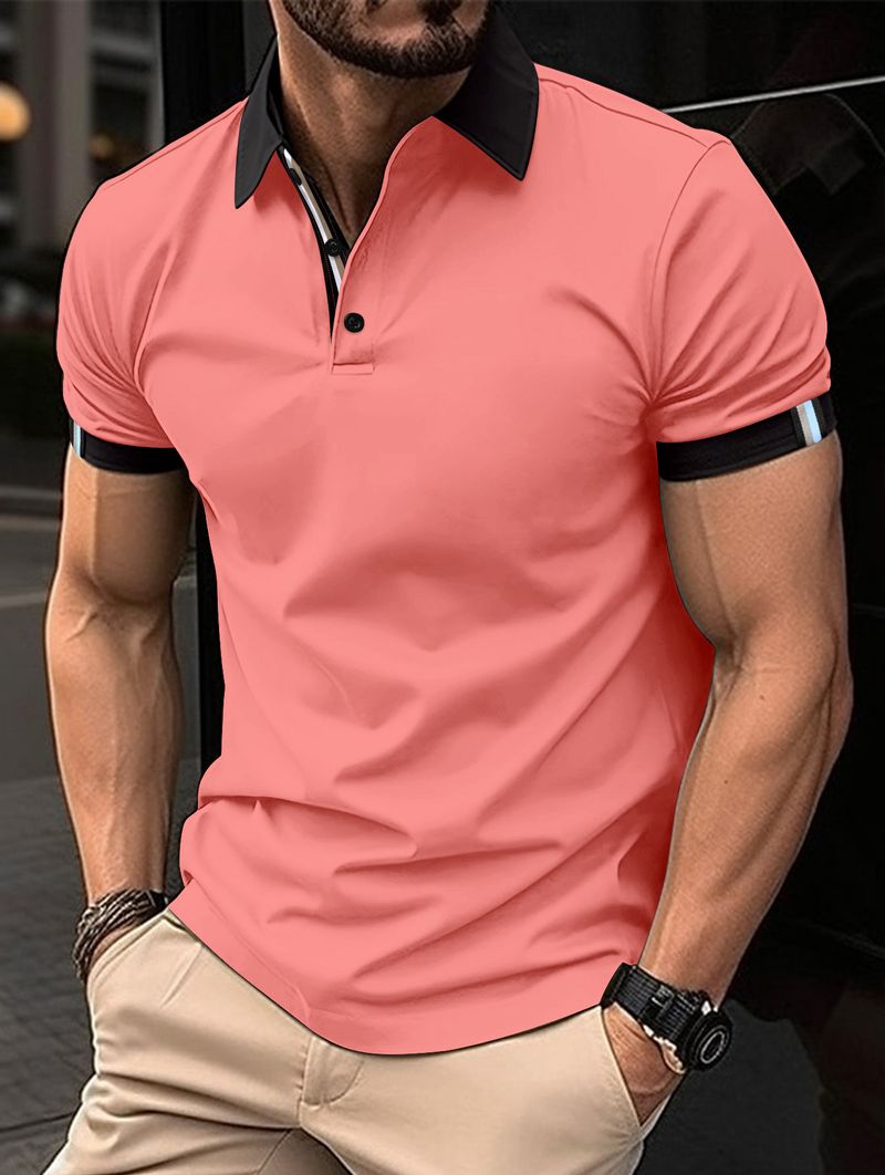 2024 vårskjorta med knapp i enfärgad kortärmad T-shirt med pikékrage Casual Fit Top Herrkläder_voghion.com