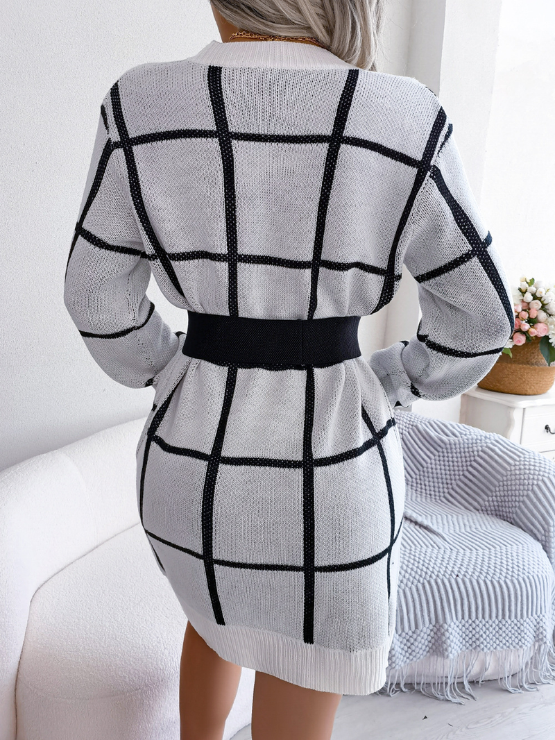 Abito da donna girocollo a maniche lunghe in maglia autunno inverno abito maglione a trapezio scozzese abito casual sottile caldo ed elegante senza cintura_voghion.com