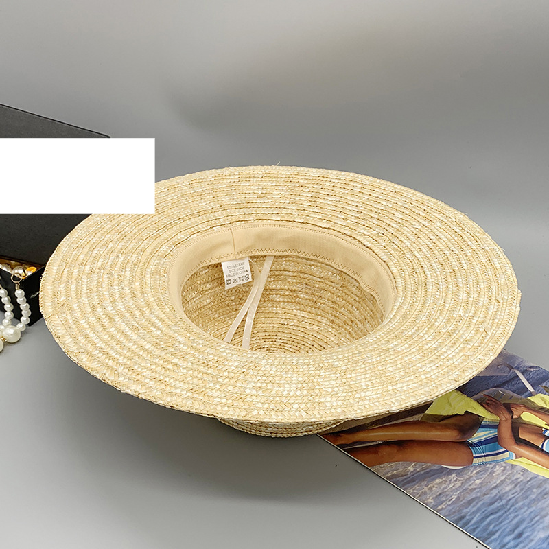 Summer straw braid warp braided monochrome sunshade female flat top big brimmed straw hat travel trip patting hat_voghion.com