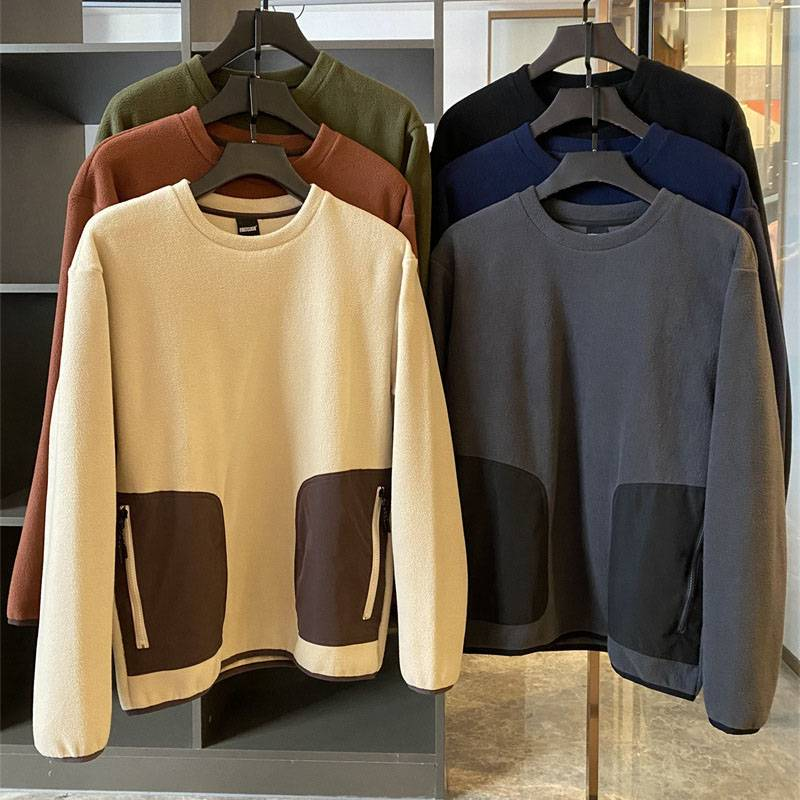 Maglione casual girocollo con tasca a contrasto, semplice pullover in pile polare morbido e caldo, con blocco della temperatura, da uomo_voghion.com