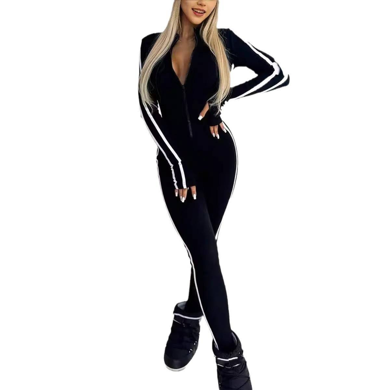 Damenbekleidung Herbst und Winter Damen Schmaler gestreifter Jumpsuit mit halbem Reißverschluss_voghion.com